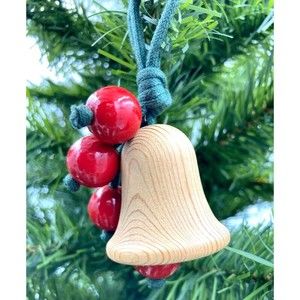 NEW Medium Wood Wooden Bell Hanging w/Red Balls Ornament Christmas Decoration